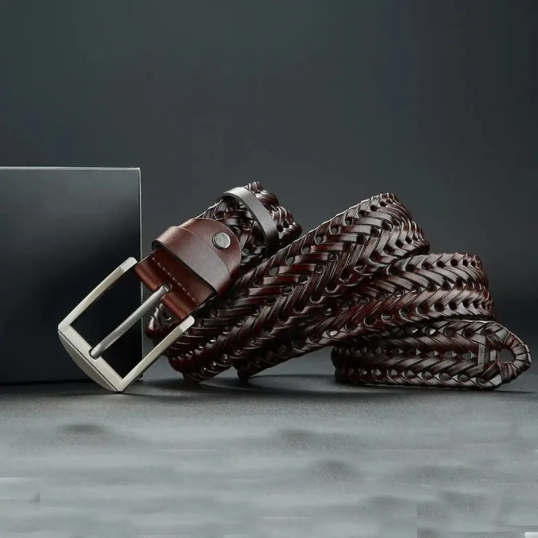 Brown braided cowhide leather belt unisex polished silver buckle artisan crafted everyday wear