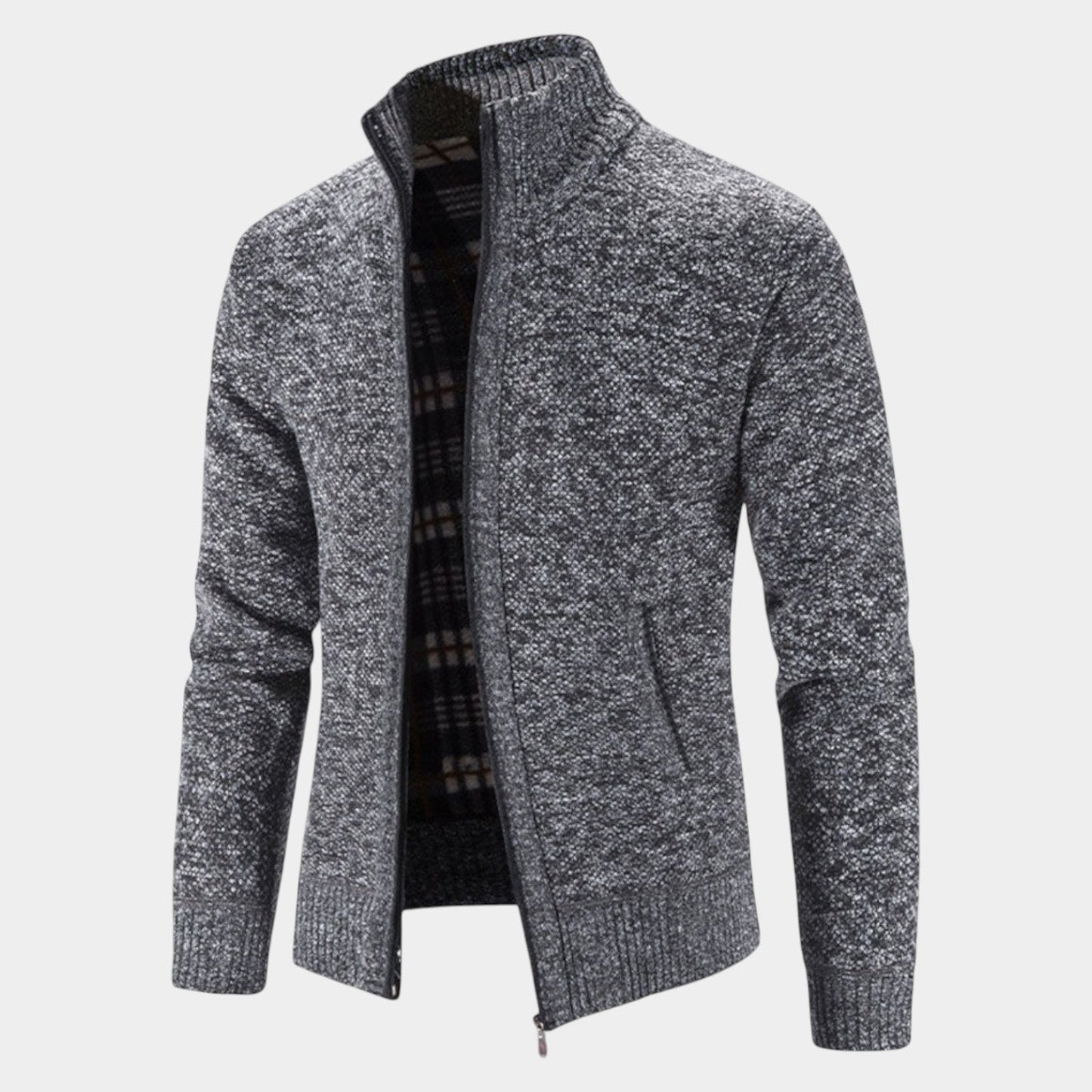 Men's gray knit cardigan with stand-up collar, full zipper closure, and slim contemporary fit