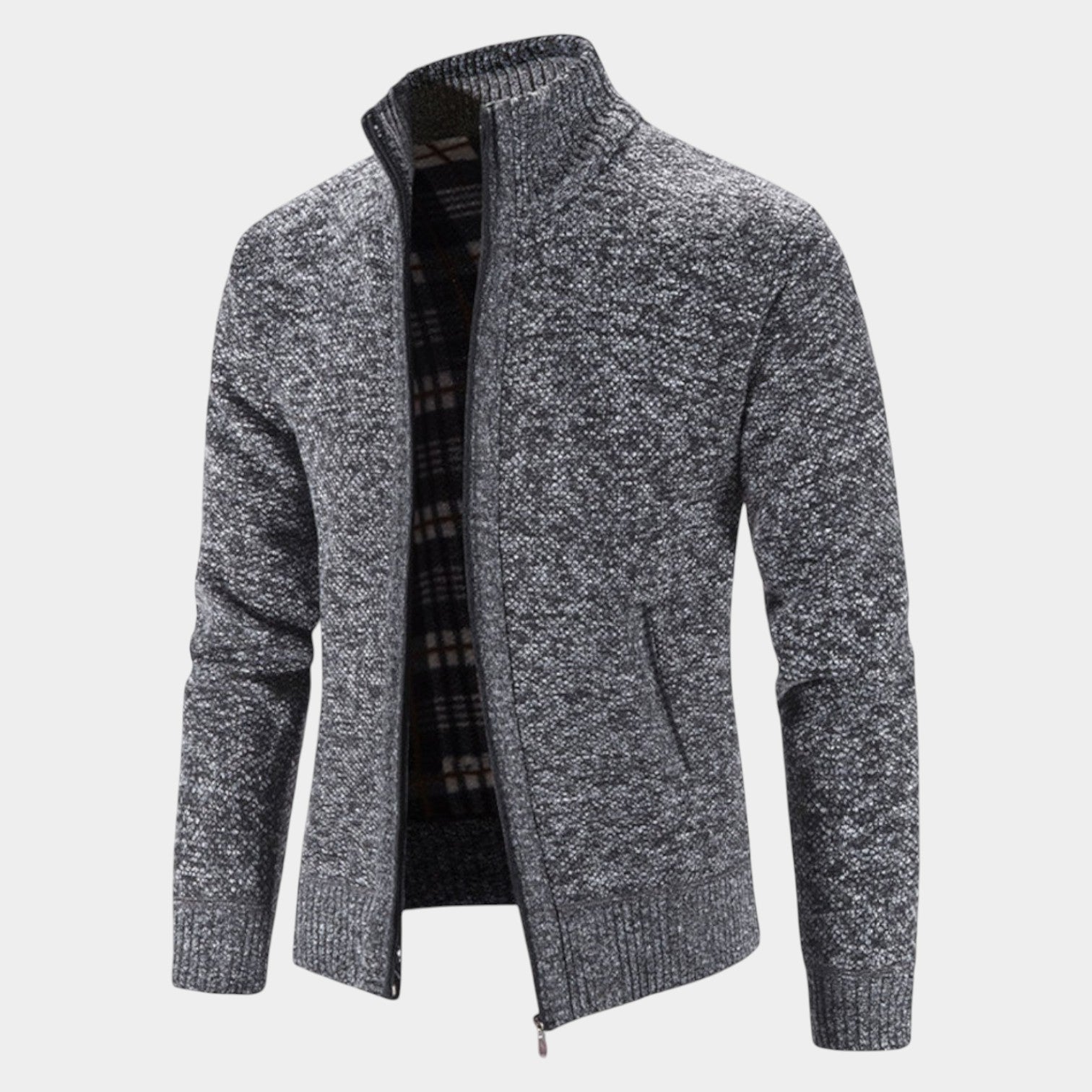 Men's gray knit cardigan with stand-up collar, full zipper closure, and slim contemporary fit