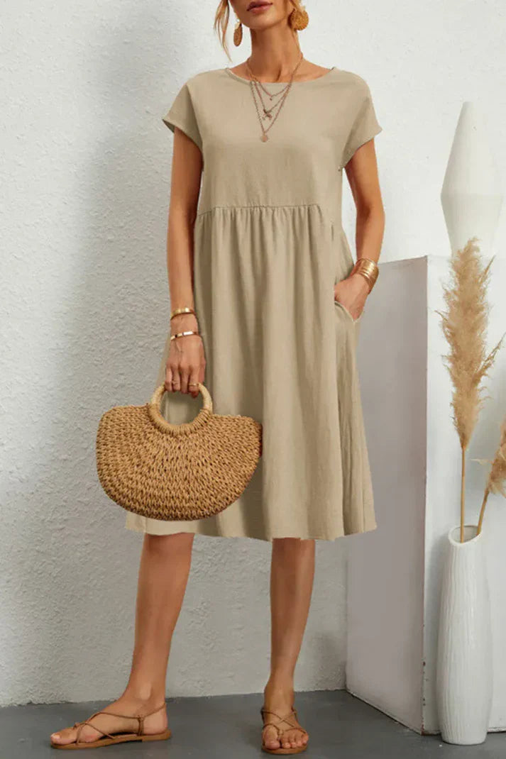 Melanie women's casual round neck short sleeve plain dress, comfortable everyday versatile fit