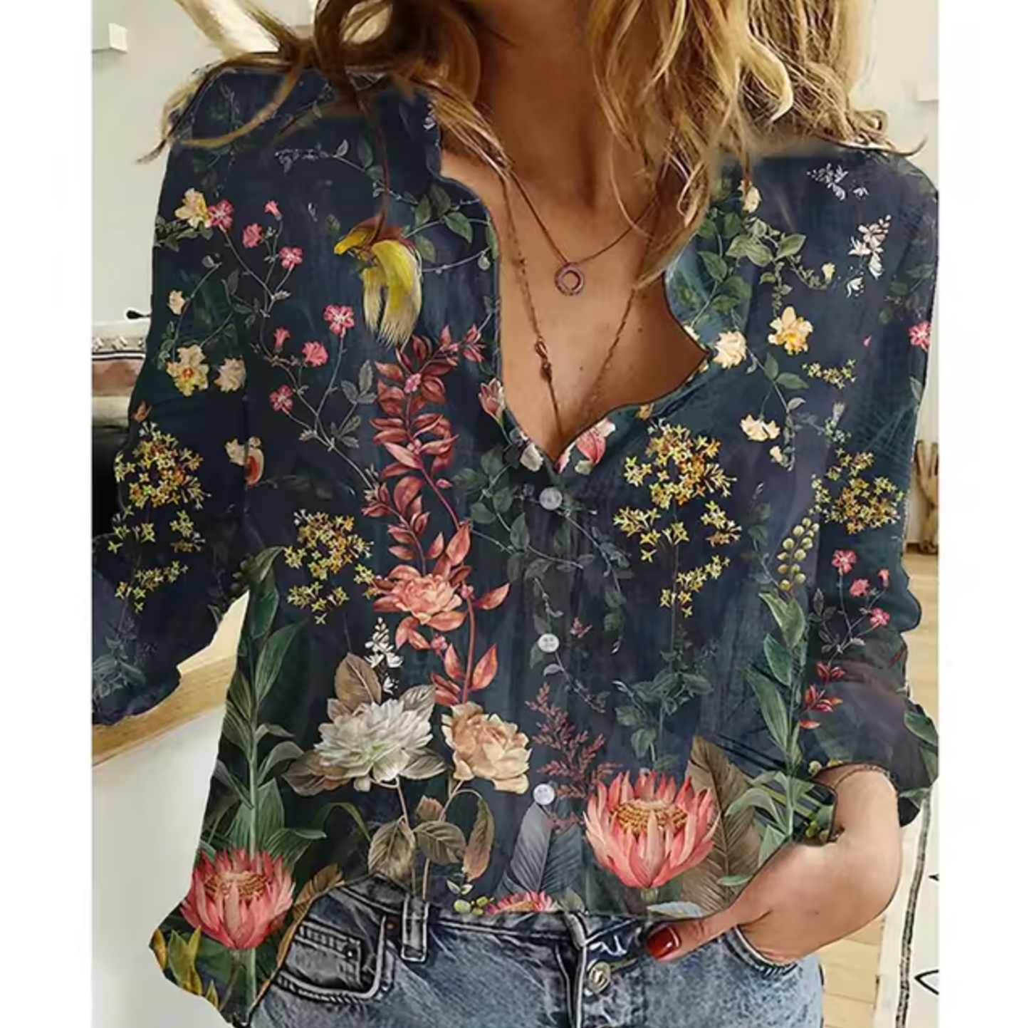 Women's floral print loose fit button-up blouse, lightweight breathable long sleeve top
