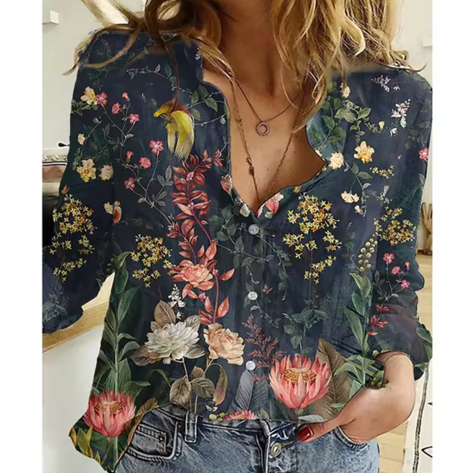 Women's floral print loose fit button-up blouse, lightweight breathable long sleeve top