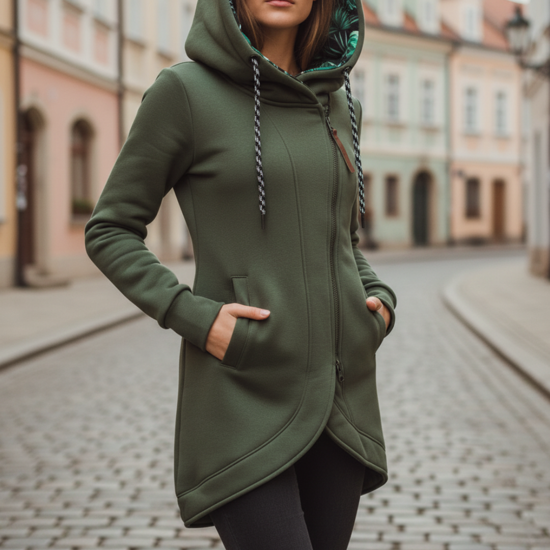 Women's long grey hoodie sweatshirt asymmetric zip high collar A-line casual fit