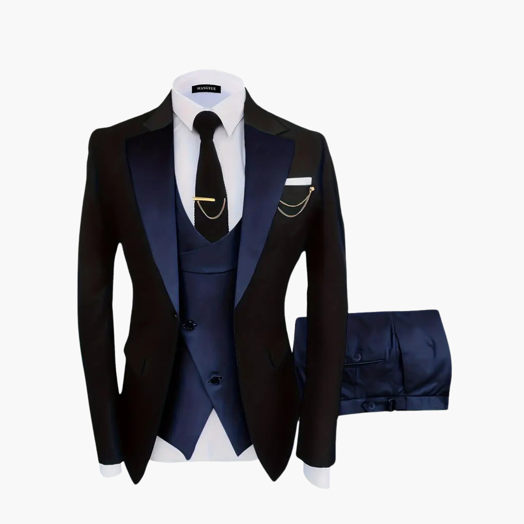 Men's slim fit 3-piece wedding suit in classic neutral tones with coordinated vest for festive occasions