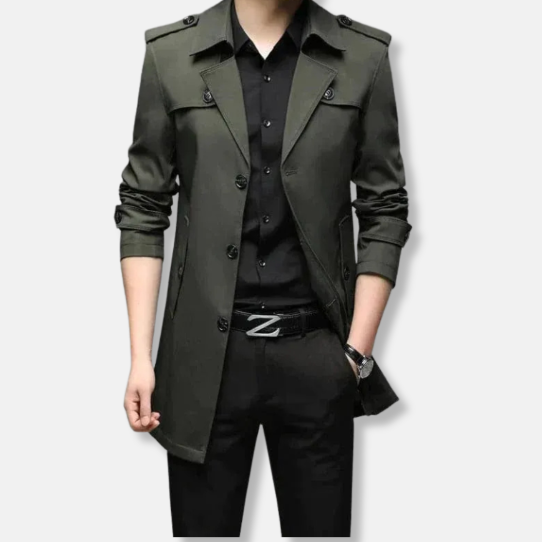 Men's slim fit thigh-length trench coat with button front, epaulets, and storm flaps