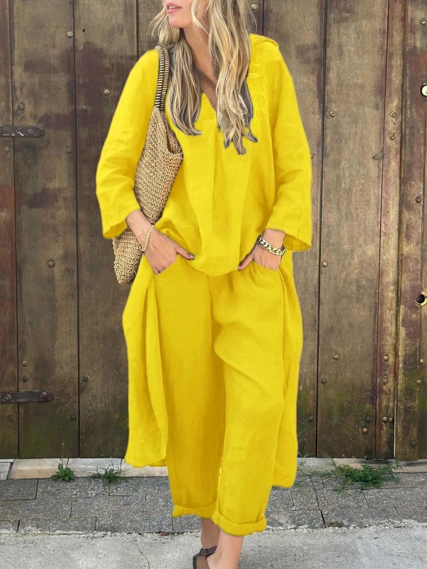 Women's linen top and wide-leg pants set, loose V-neck irregular silhouette with pockets
