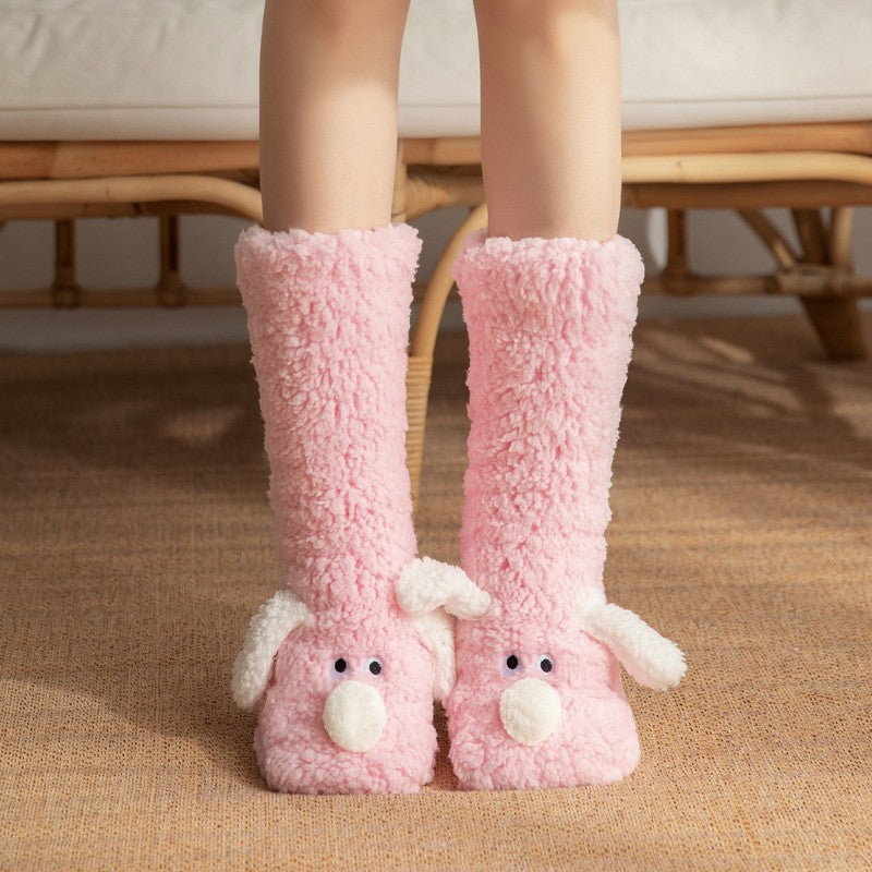 Women's gray fleece slipper socks mid-calf cut with 3D fuzzy dog applique for cozy lounging