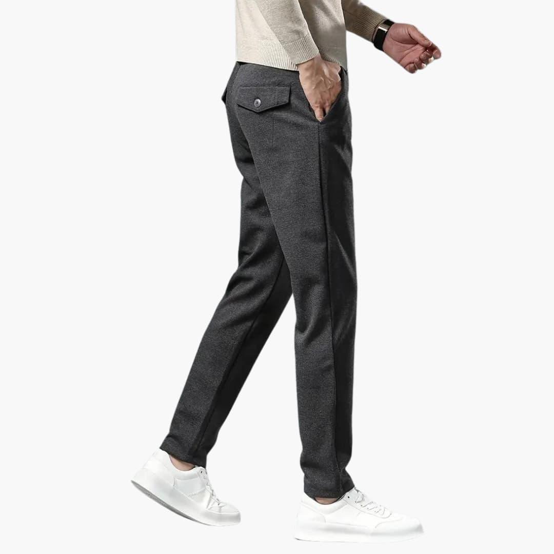 Men's slim-fit business casual trousers in neutral tone, stretchy fabric for all-day office comfort