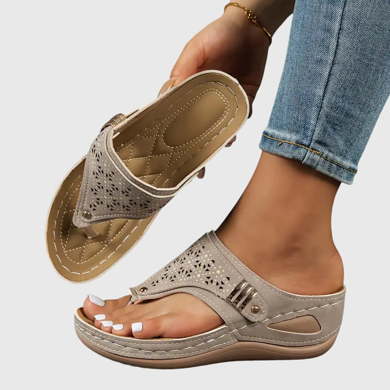 Cleo | Women's Wedge Toe Loop Sandals with Laser Cut Detail