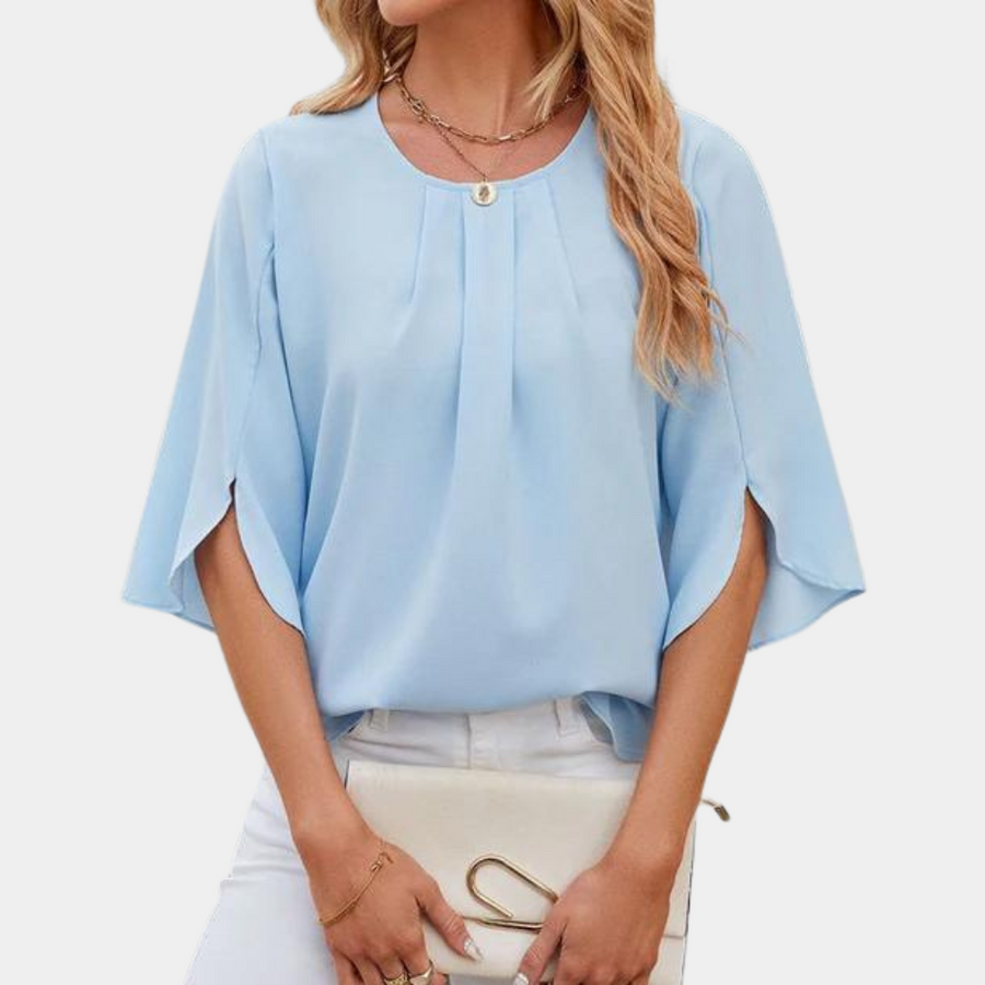 Women's ivory elegant blouse with fluid silhouette and delicate pleated sleeves for refined style