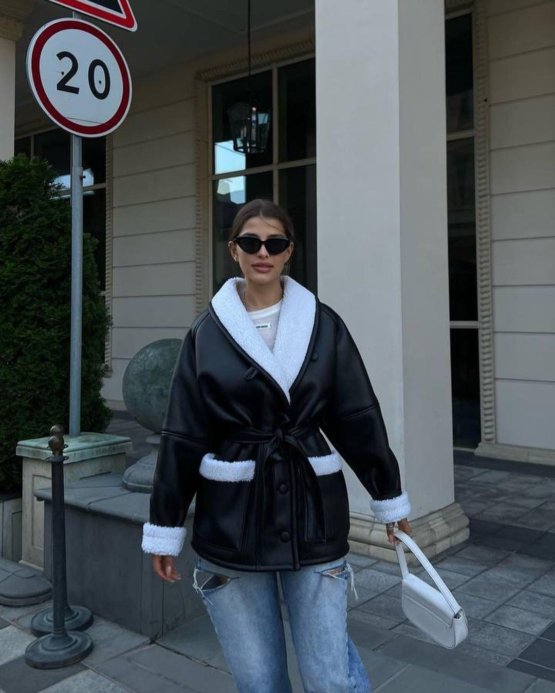 Women's Korean-style mid-length faux leather faux fur coat, loose fit, long sleeves with pockets
