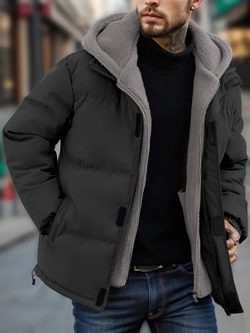 Men's black hooded puffer jacket with fleece liner, two-piece layering set for winter outdoor wear