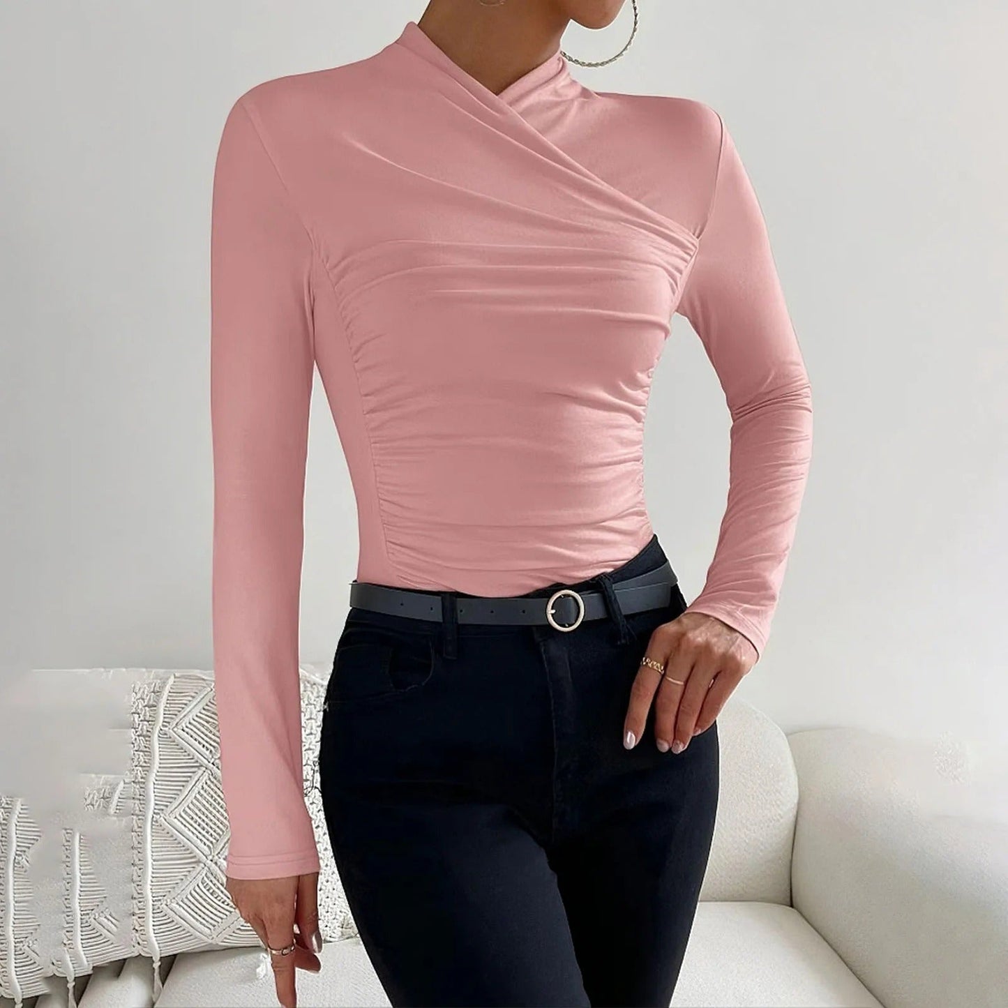 Women's wrap blouse long sleeve asymmetric high neck slim fit elegant Nordic style top