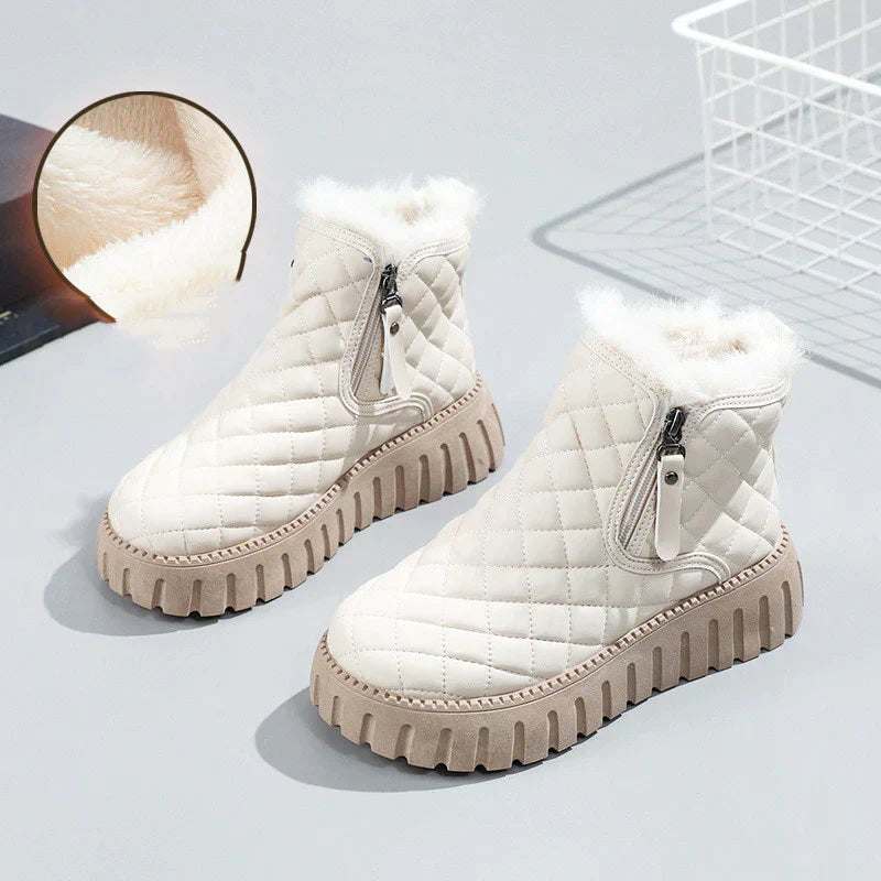 Women's checkered ankle boots with warm fur lining, bold pattern, and easy side zip for all-day comfort
