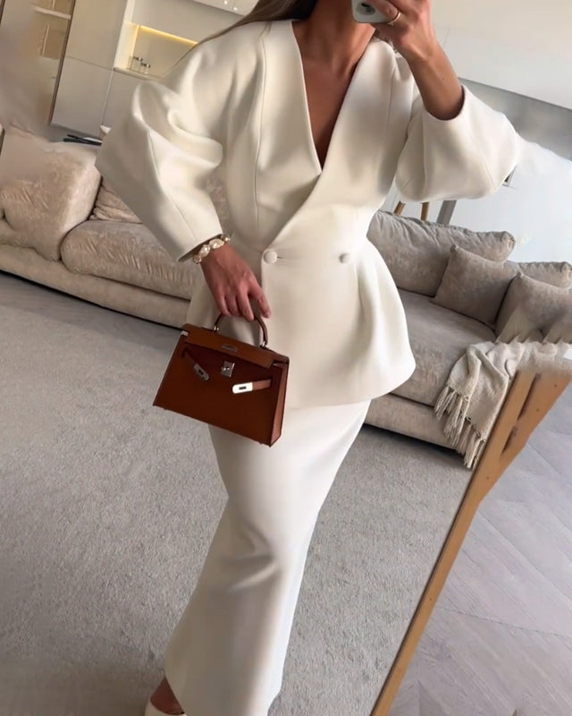 Women solid color V-neck top and skirt two-piece set casual chic coordinated everyday outfit