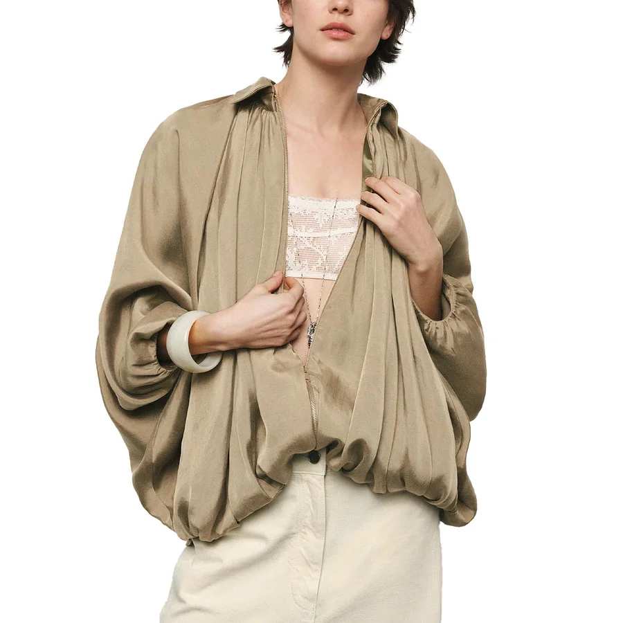 Black batwing sleeve puff bomber jacket loose fit with 3D patchwork streetwear detail