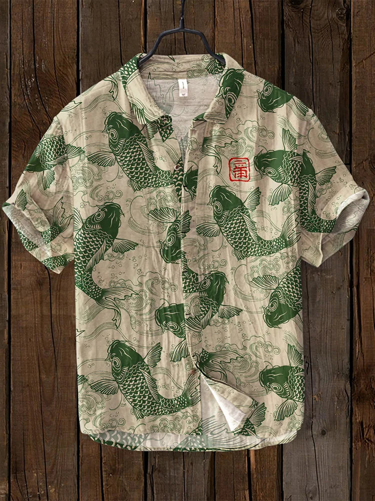 Beige linen blend shirt Japanese vintage fish art print unisex relaxed fit breathable everyday wear