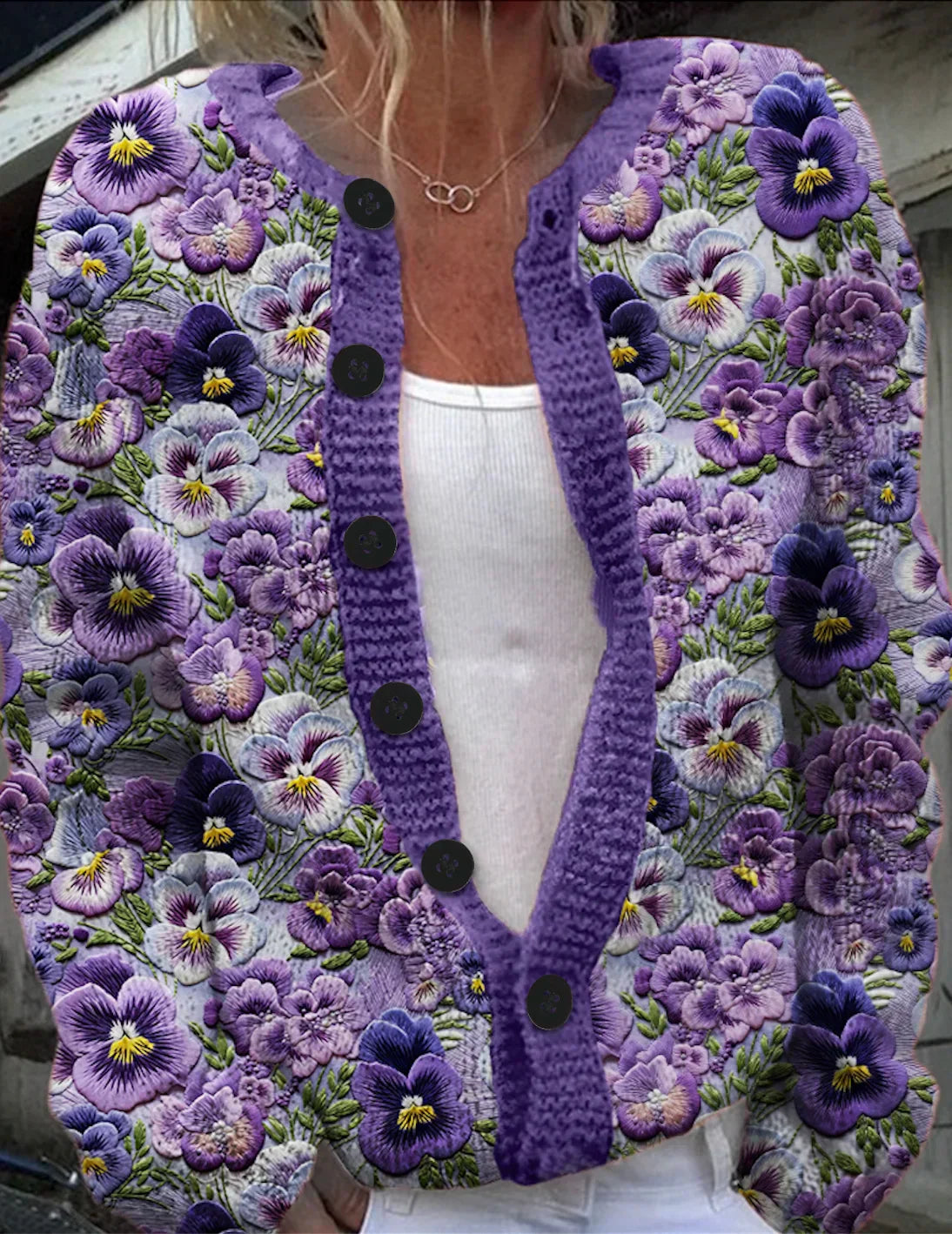 Women's button-front knit cardigan floral pattern ribbed trim everyday layering essential