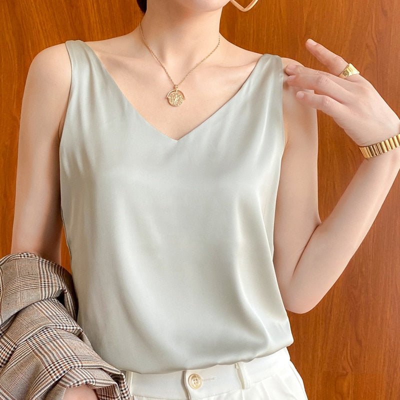 Women's satin draped tank top in elegant silhouette, smooth lightweight fabric with refined sheen