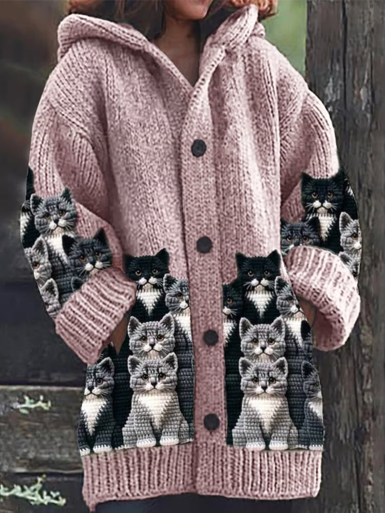 Women's soft cat motif cardigan regular-fit knit layer in neutral tones with whimsical illustration