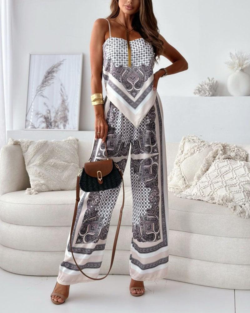 Printed lace-up vest and pants two-piece set women chic casual coordinated everyday wear