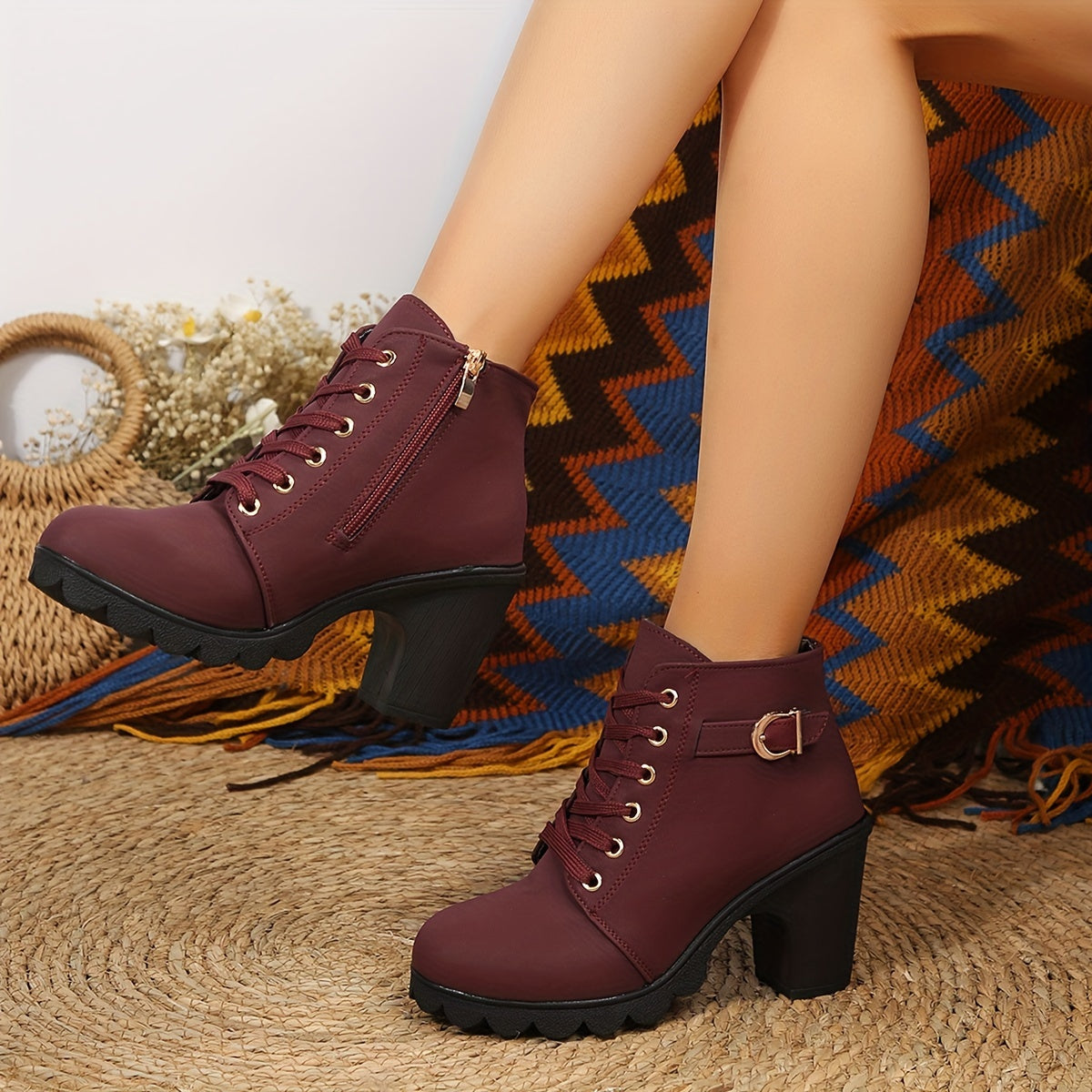 Women's black lace-up ankle boots block heel with front lacing and side zipper chic style