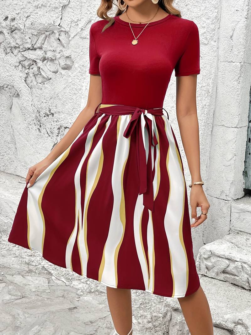 Women's colorblock crew neck sweater with attached belt in contemporary knit office-to-evening style