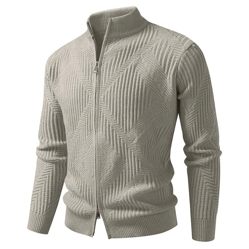 Men's textured full-zip cardigan with ribbed cuffs, modern knit pattern for versatile smart-casual layering