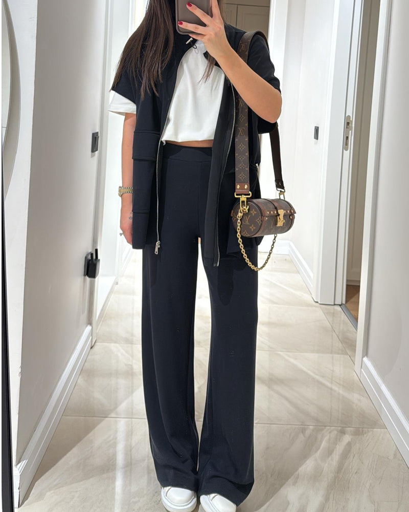 Women casual two-piece set with stretch waist detail top and pants for everyday comfort