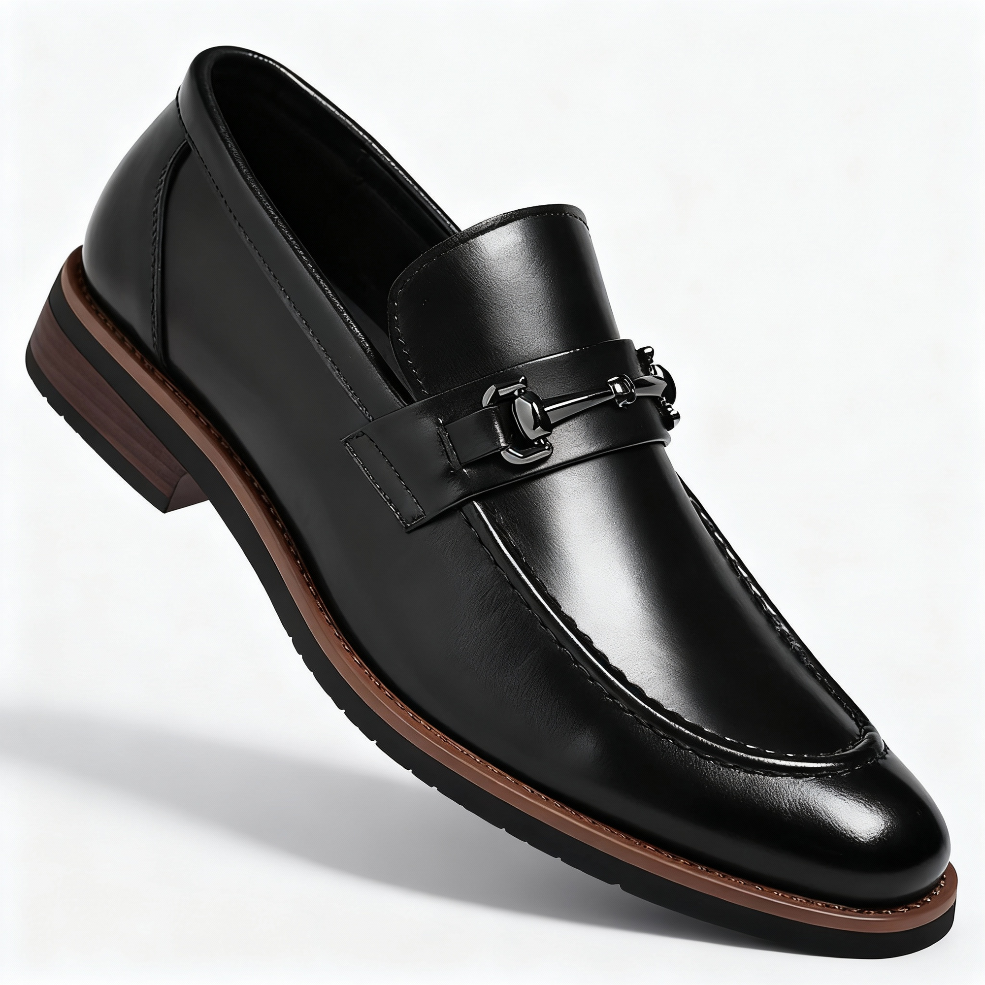 Men's black faux leather slip-on bit loafers with moc toe and polished formal finish
