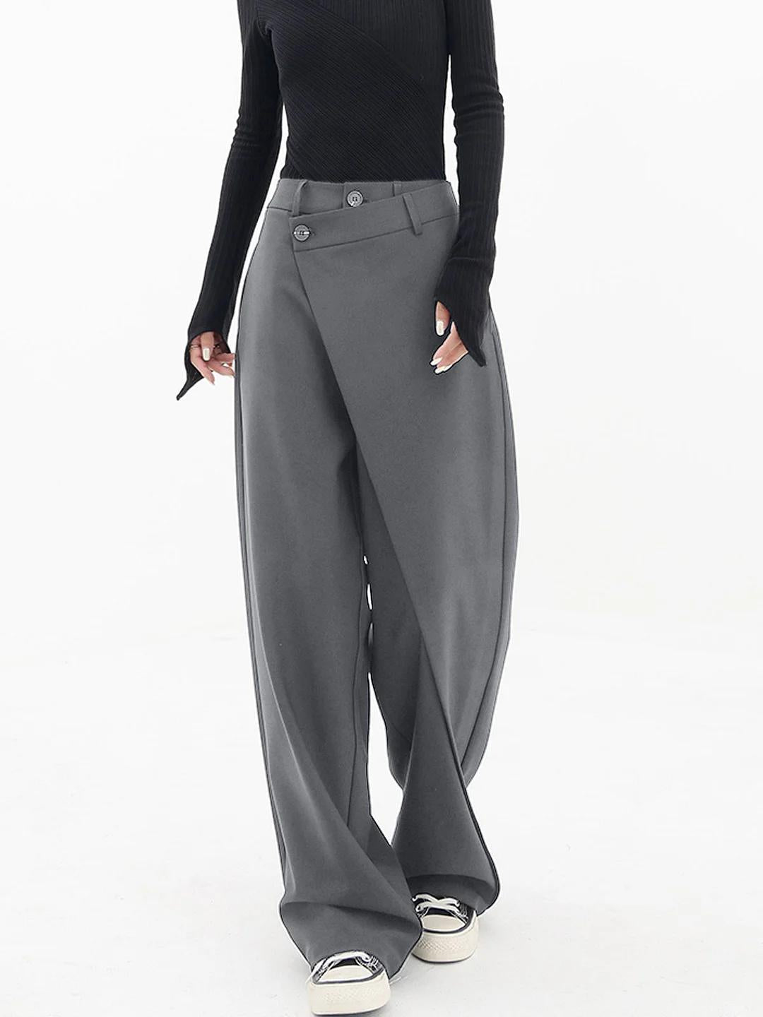 Women's black asymmetrical wide-leg high-waist pants elegant business casual silhouette