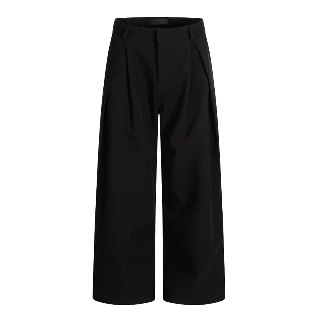 Wide-leg structured pleat trousers with relaxed drape, viscose blend, modern polished silhouette