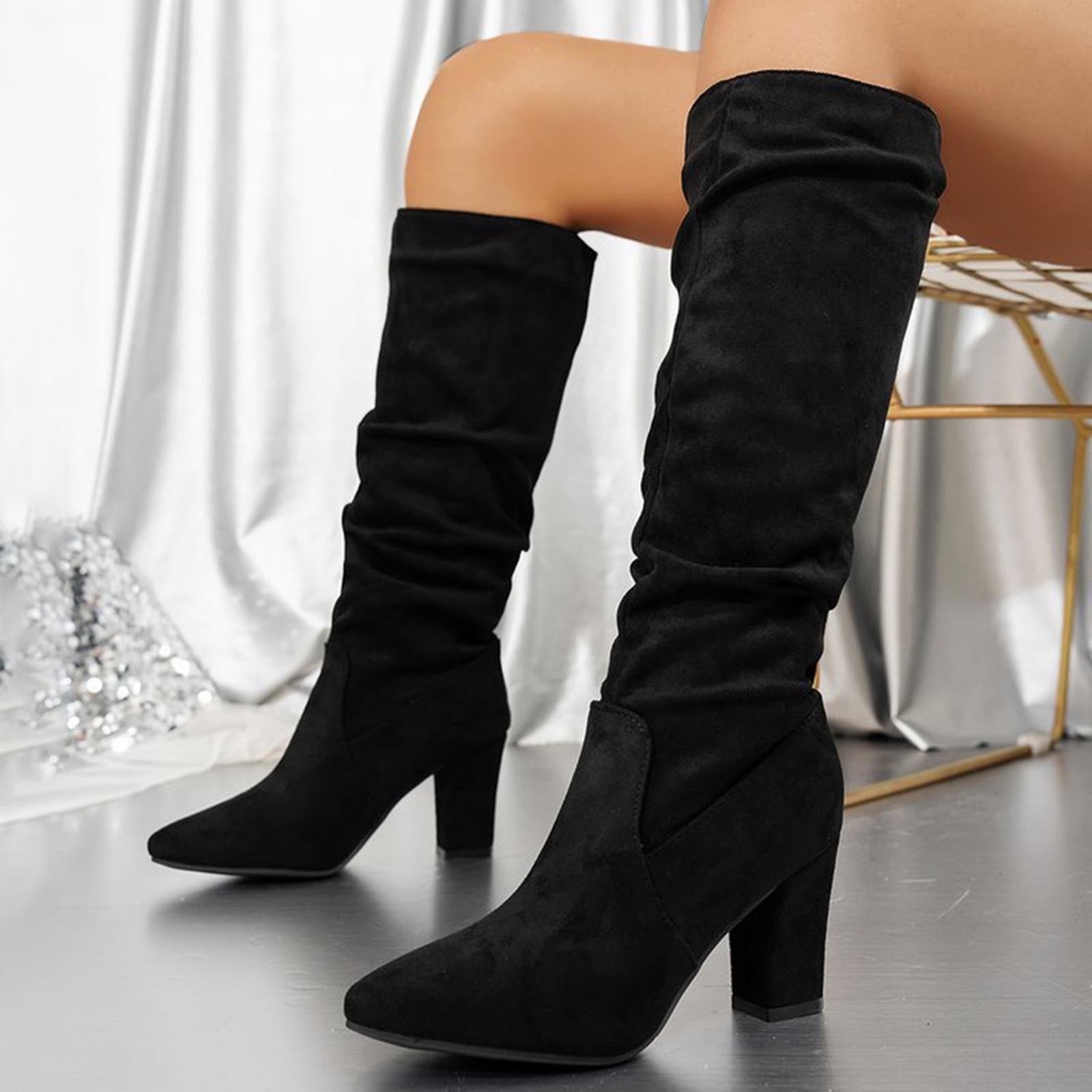 Women's faux suede mid-calf chunky heel boots with cushioned insole for all-day comfort