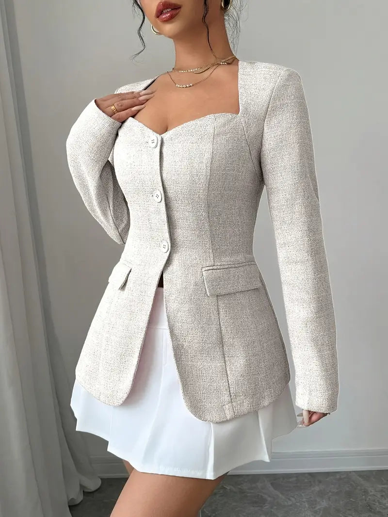 Women's fitted buttoned jacket square neckline chic structured silhouette office to evening wear