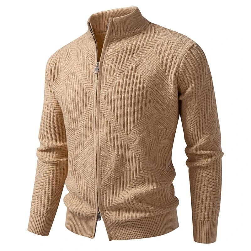 Men's textured full-zip cardigan with ribbed cuffs, modern knit pattern for versatile smart-casual layering
