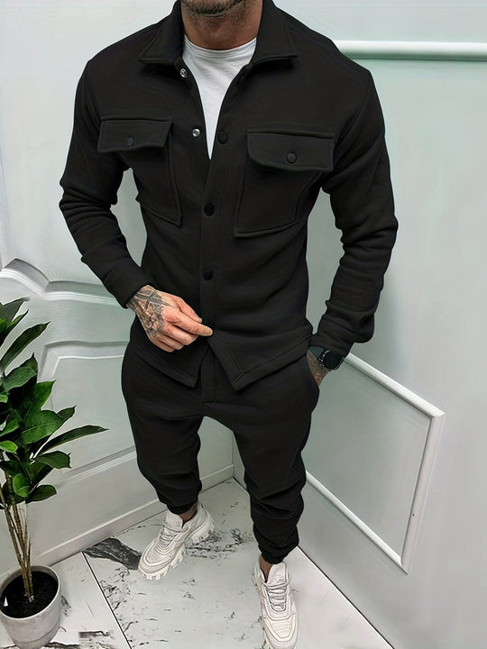 Men's two-piece tracksuit casual fit with button chest pocket, matching jacket and pants set