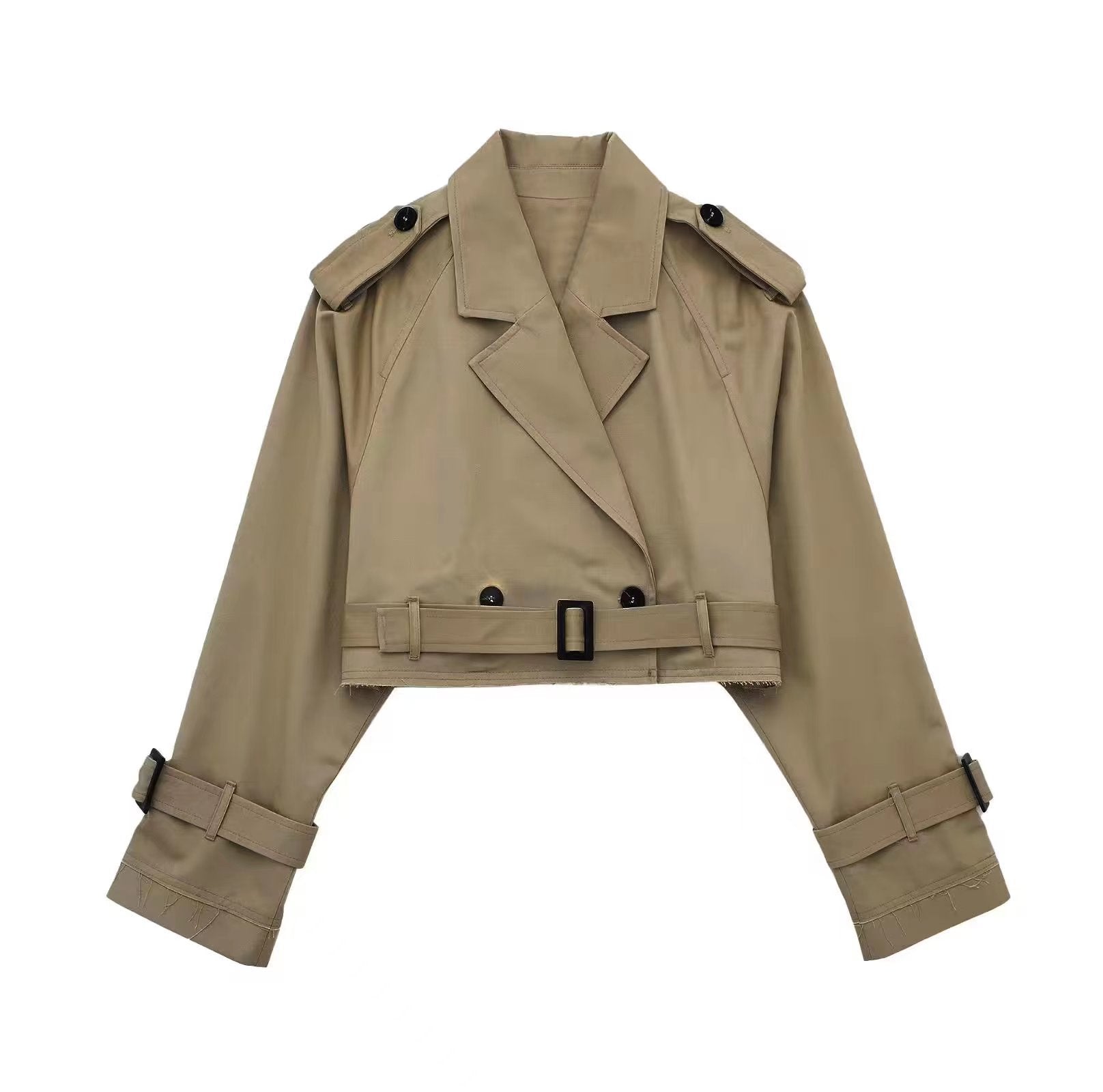 Women's cropped double-breasted trench coat belted chic tailored fit short structured outerwear
