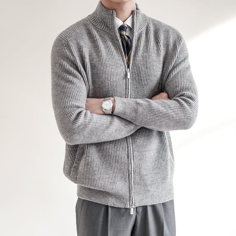 Men's slim fit wool blend cardigan with zipper closure and high collar in versatile modern style
