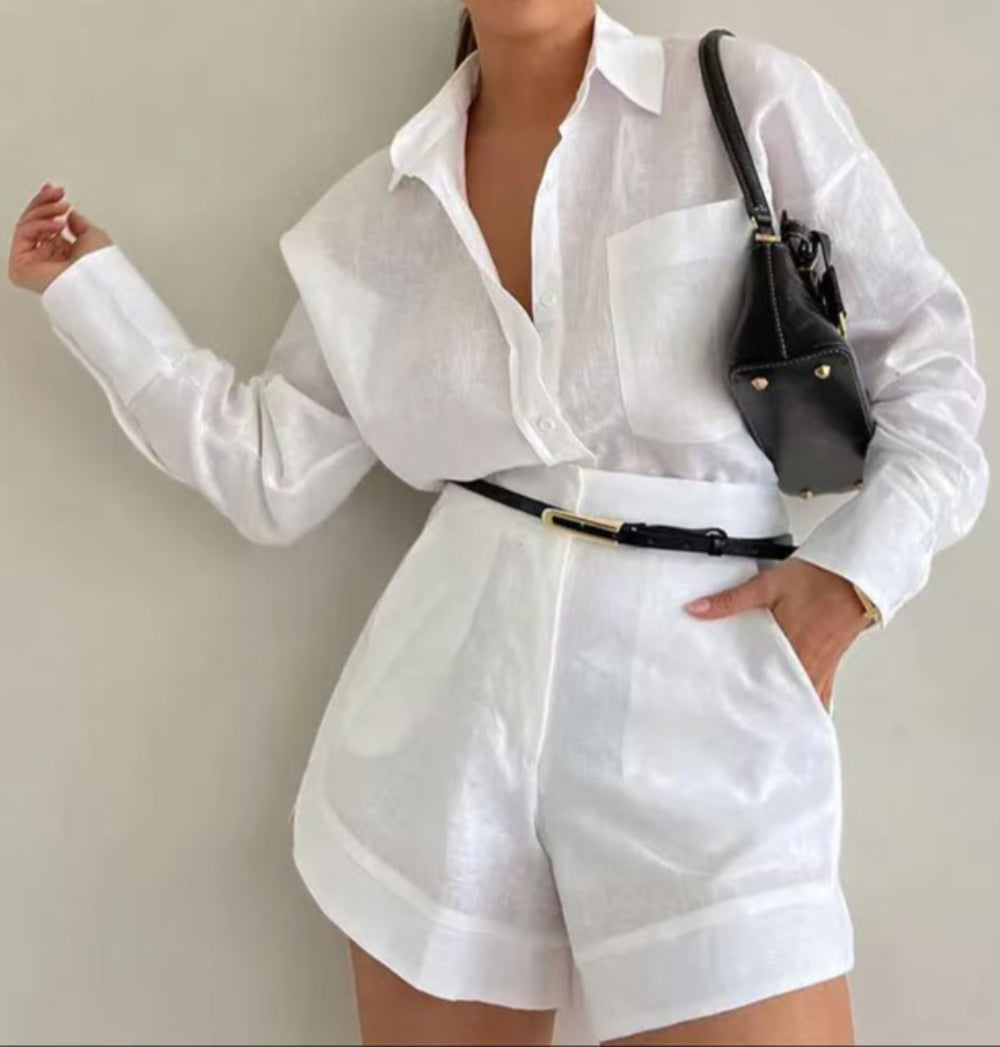 Women's cotton linen shorts set loose fit long sleeve top with button-front detail in relaxed silhouette