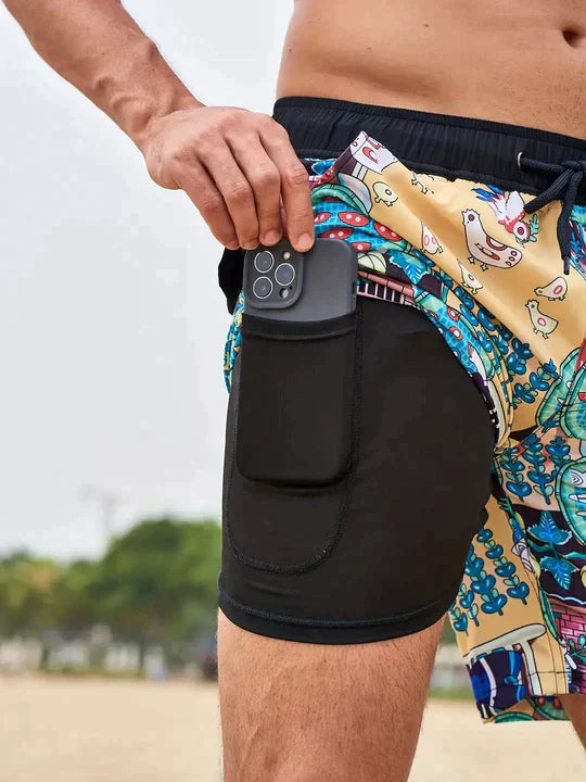 Men's tropical palm print beach shorts with adjustable drawstring waist for bold coastal summer style