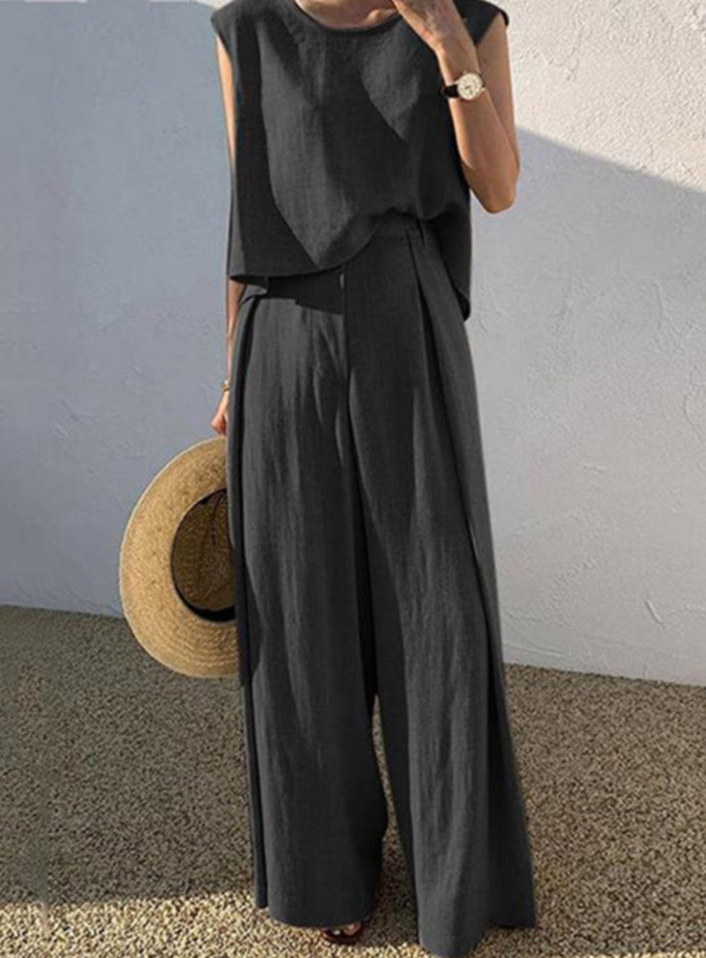 Women's beige linen blend casual pants set lightweight breathable wide-leg relaxed fit everyday wear