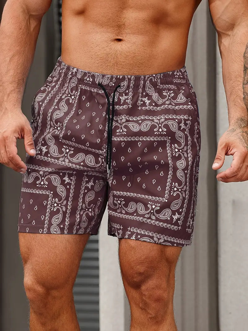 Men's bandana print swim shorts relaxed mid-thigh fit quick-dry beach pool shorts