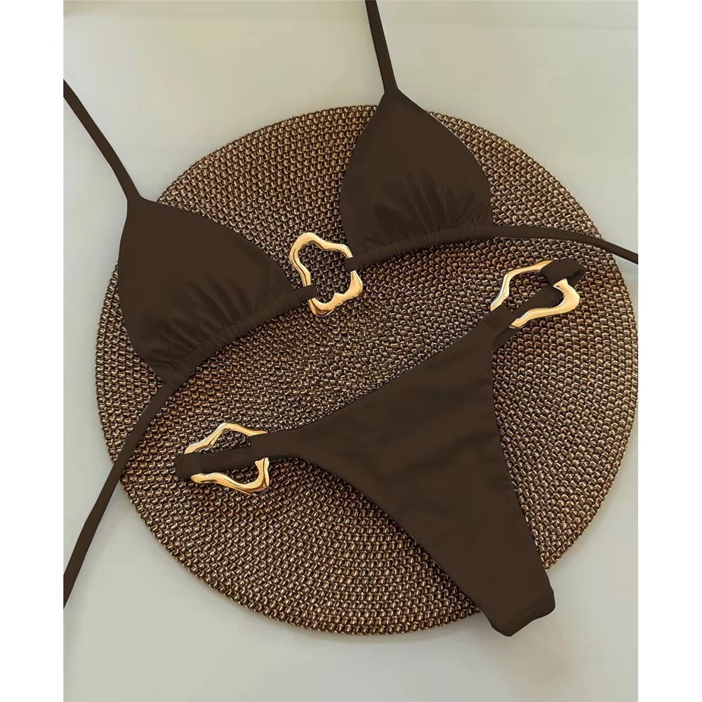 Women's gold ring accent triangle bikini set body contouring high-cut adjustable ties luxe fit
