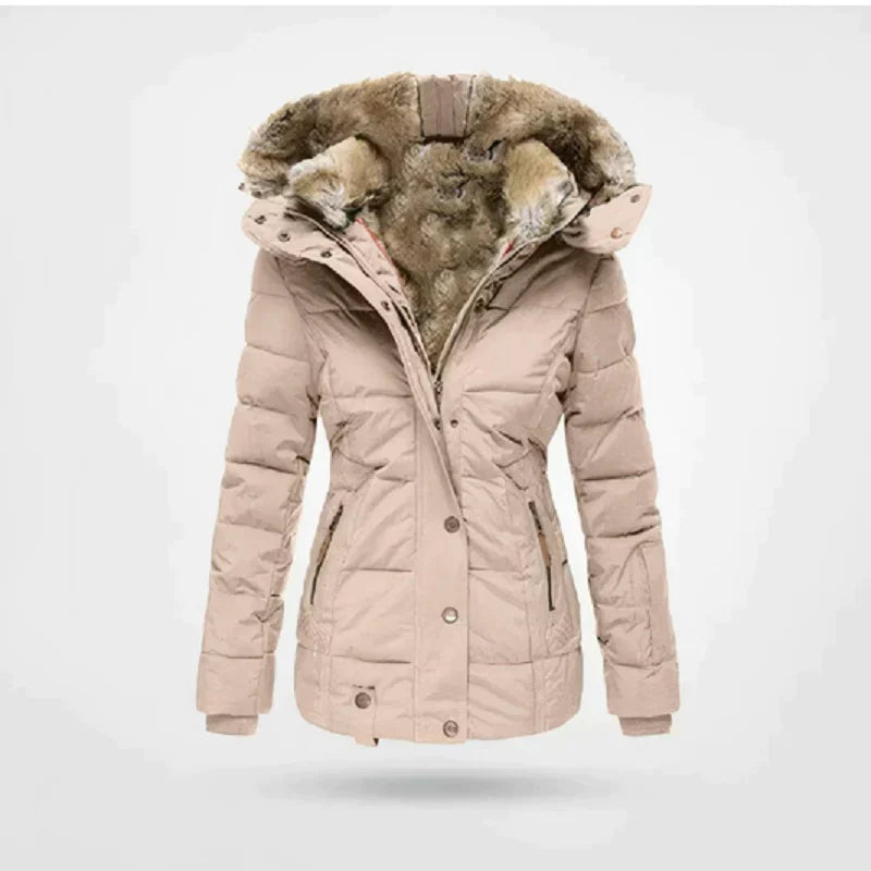 Women's Zelina winter coat with soft-edged hood, thick insulation, elegant feminine cut in modern silhouette
