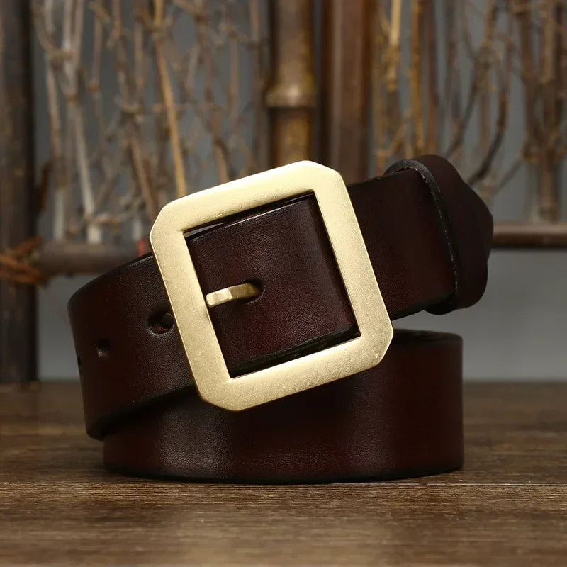 Windsor full-grain leather belt in rich brown with classic brass buckle, handcrafted everyday style