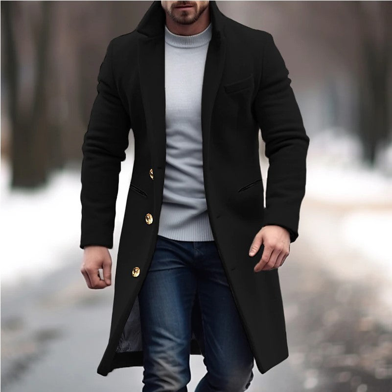 Men's elegant classic-cut coat with gold button detail, timeless style for modern gentleman