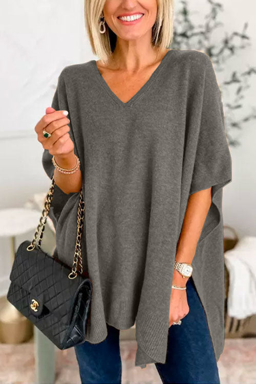 Women's solid cashmere poncho sweater V-neck loose fit lightweight breathable layering essential