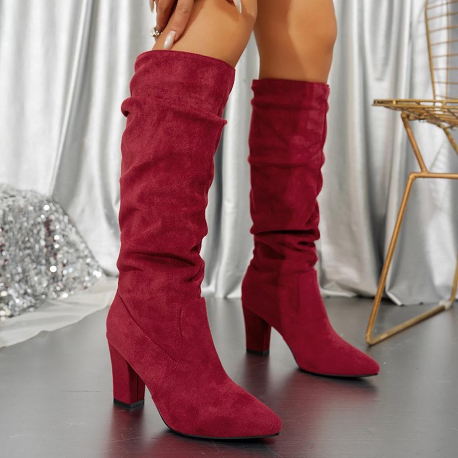 Women's faux suede mid-calf chunky heel boots with cushioned insole for all-day comfort