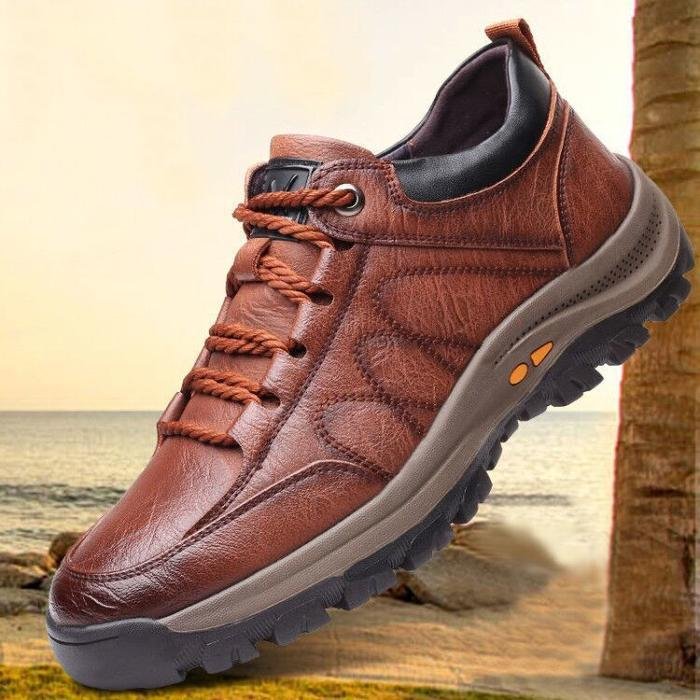 Men's brown orthopedic leather hiking boots with non-slip cushioned sole and ergonomic support