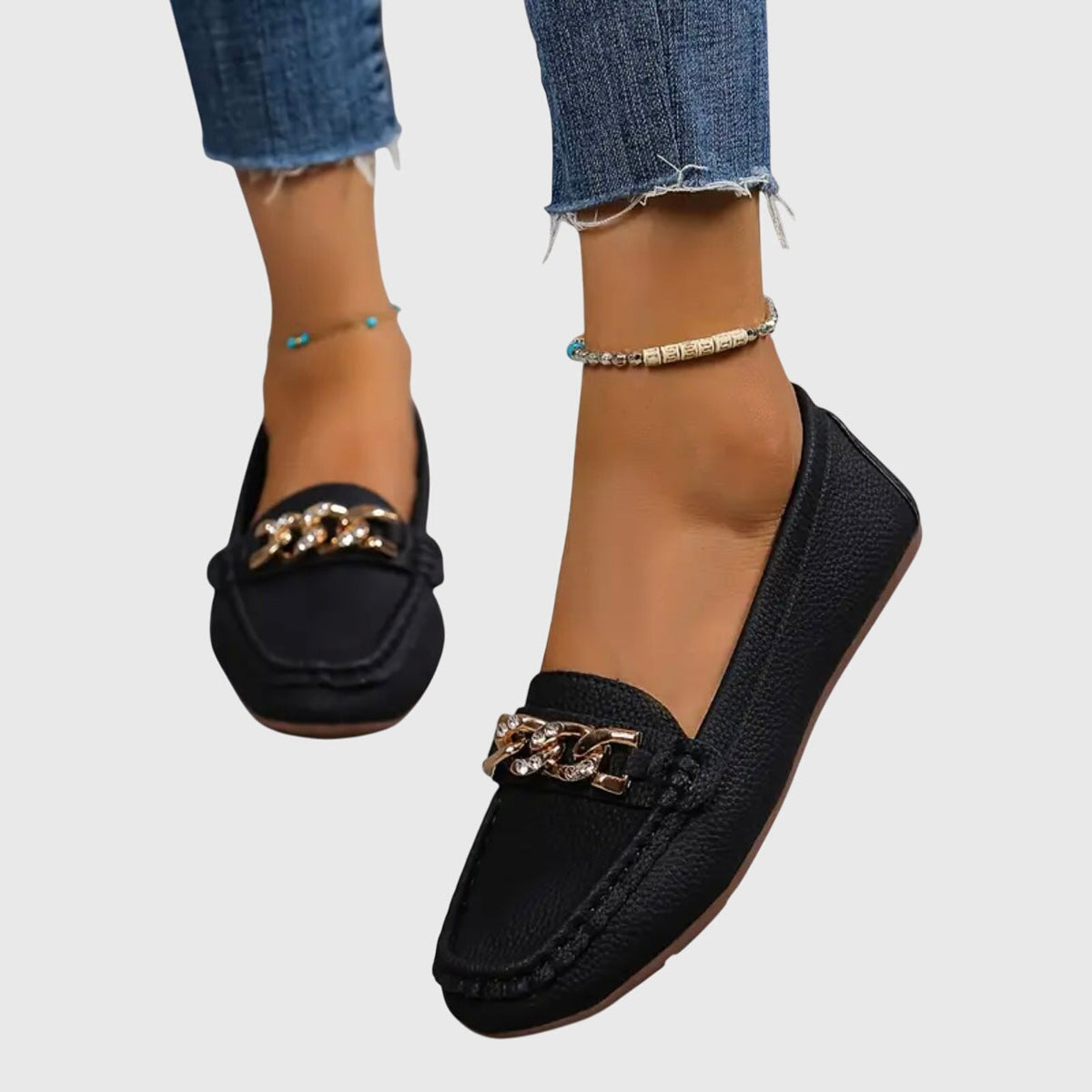 Harlow | Women's Casual Slip-On Flat Loafers with Gold Chain Detail